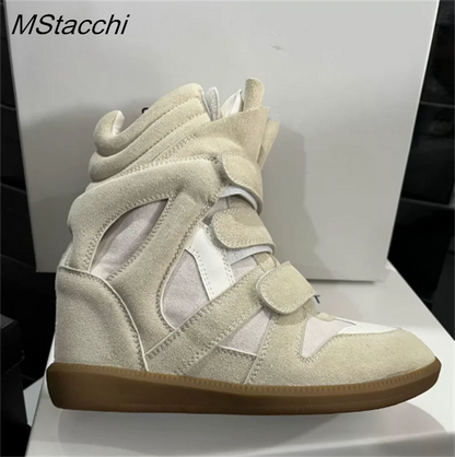 Women's High-top Shoes Suede Leather Casual Wedge Boots Flat Sneakers Hook Loop Heightening Shoes Luxury Short Botas Femininas