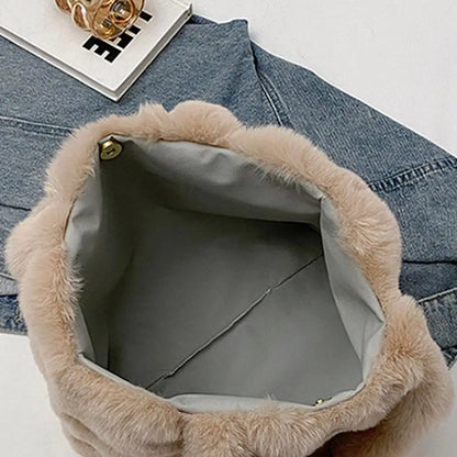 Women Plush Shoulder Bag Fluffy Handbag Large Capacity Casual Commuting Bag Furry Carrying Bag Soft Shopper Bag