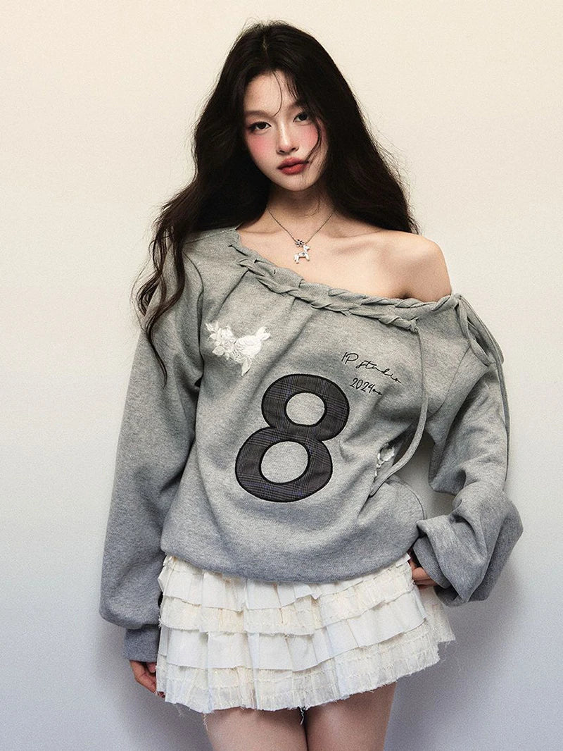 Jmprs Y2K Streetwear Gray Sweatshirts Women Off Shoulder Loose Letter Pullovers Harajuku Retro Female Casual American Tops New