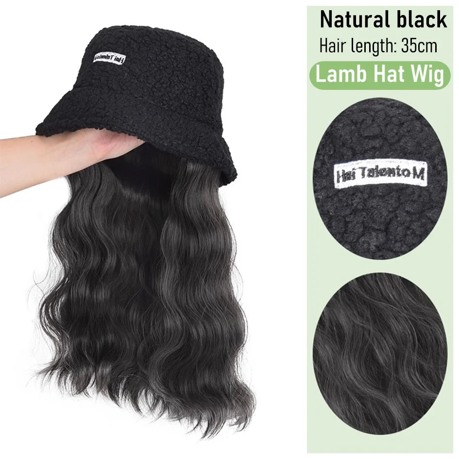 Synthetic 50cm winter cold resistant wig hat with long straight hair and long curly hair black/white hat with lambhair Christmas