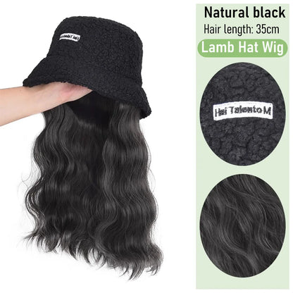 Synthetic 50cm winter cold resistant wig hat with long straight hair and long curly hair black/white hat with lambhair Christmas