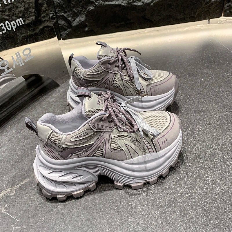 8.5CM Mesh Microfiber Leather Casual Shoes New 2026 Spring Women Chunky Sneakers High Platform Outdoor Sports Dad Shoes Woman