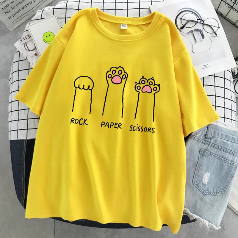 Rock Paper Scissors Funny Cat Print T Shirt Women Summer Soft Oversized Tops Fashion Casual Short Sleeve Street Cotton Tshirt