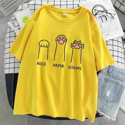 Rock Paper Scissors Funny Cat Print T Shirt Women Summer Soft Oversized Tops Fashion Casual Short Sleeve Street Cotton Tshirt