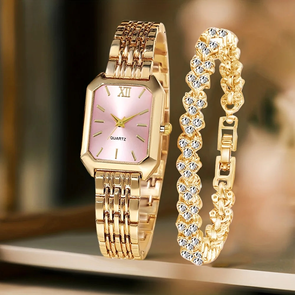 2PCS Fashion Rectangle Women Quartz Watch Rhinestone Bracelet Set Ladies Roma Dial Wristwatch Reloj Mujer Girls Clock Gift