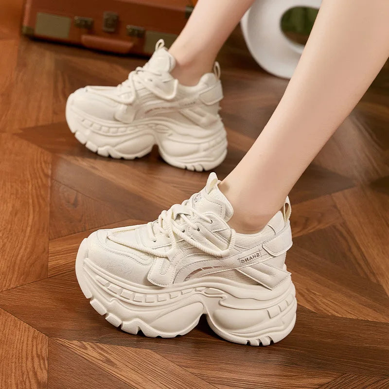 9cm Genuine Leather Chunky Sneakers for Women Fashion Sneakers Walking Shoes Platform Heel Sneakers Women Casual Shoes