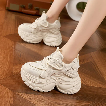 9cm Genuine Leather Chunky Sneakers for Women Fashion Sneakers Walking Shoes Platform Heel Sneakers Women Casual Shoes