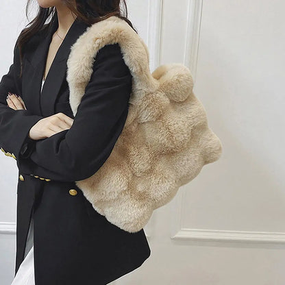 Women Plush Shoulder Bag Fluffy Handbag Large Capacity Casual Commuting Bag Furry Carrying Bag Soft Shopper Bag