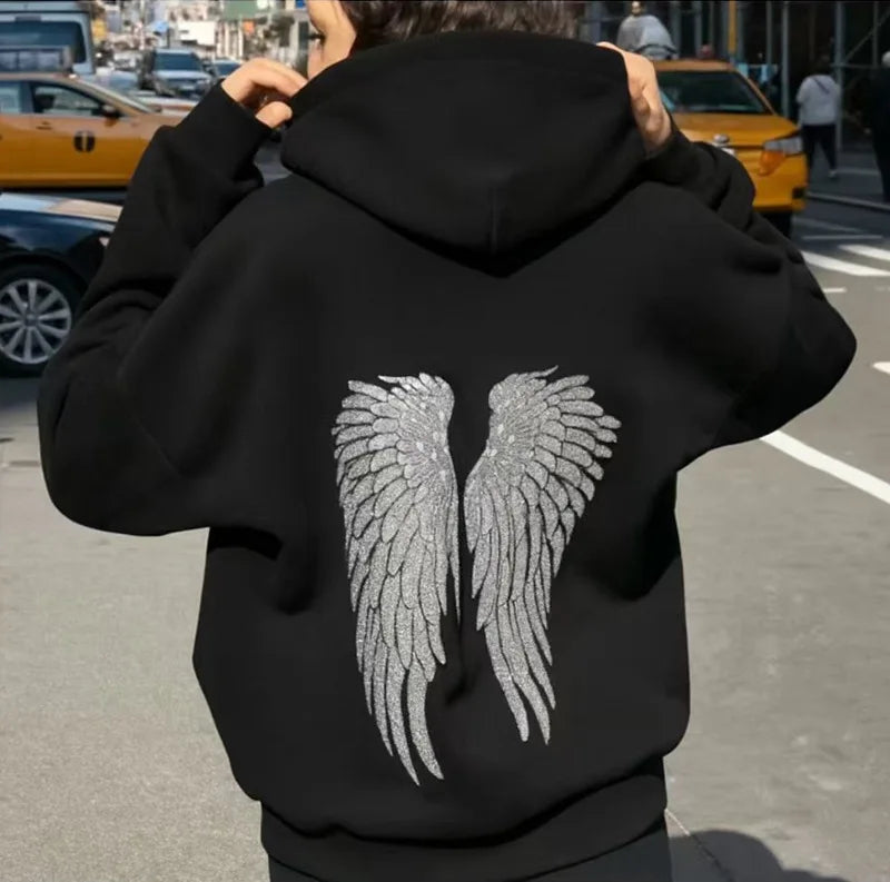 Fashion Wings Beads Sweathirts Women Oversized Hoodies Fleece Lining Sequined Casual Pullover Top Y2K Clothes Lady Outfits 2026