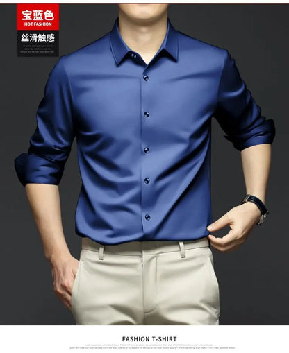 S-6XL Men's Long Sleeve Shirt Luxury Wrinkle Resistant Pure White Shirt Business Dress Casual Ice Silk Glossy Shirt