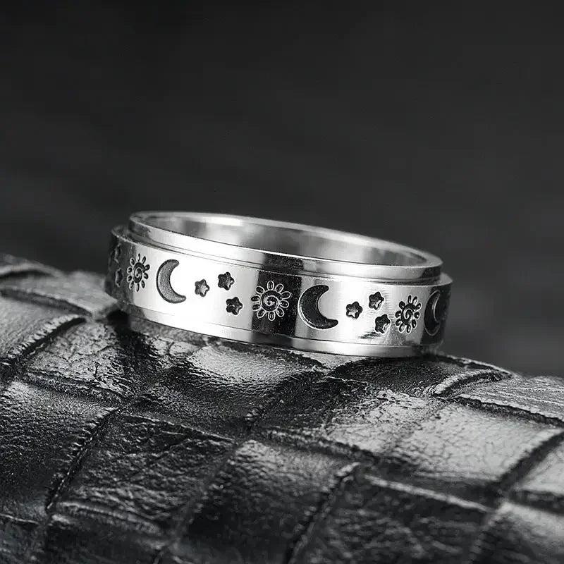 Vintage Stainless Steel Sun Moon Star Rotating Spinning Wedding Promise Anniversary Statement Band Ring Jewelry