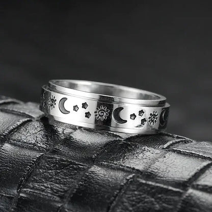 Vintage Stainless Steel Sun Moon Star Rotating Spinning Wedding Promise Anniversary Statement Band Ring Jewelry