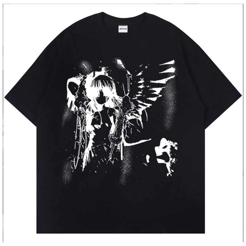 Retro Angel Print Short-sleeved Women T-shirt Summer  Harajuku Casual   Loose Cotton Oversize Women's T-shirts Female Clothing