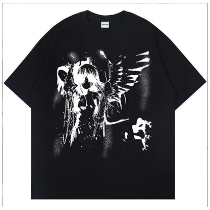Retro Angel Print Short-sleeved Women T-shirt Summer  Harajuku Casual   Loose Cotton Oversize Women's T-shirts Female Clothing