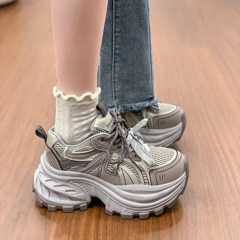 8.5CM Mesh Microfiber Leather Casual Shoes New 2026 Spring Women Chunky Sneakers High Platform Outdoor Sports Dad Shoes Woman