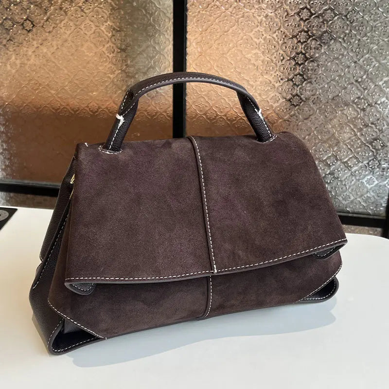 Women Frosted Handbag High-end Suede Flap French Shoulder Bag Luxury Trapezoidal House Shape Bag Messenger Bag Commuter Tote Bag