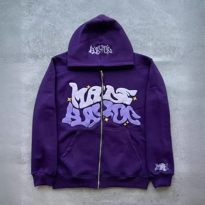 Zipper hooded sweatshirt with retro American letters suitable for men and women wearing Y2K jacket autumn/winter cardigan