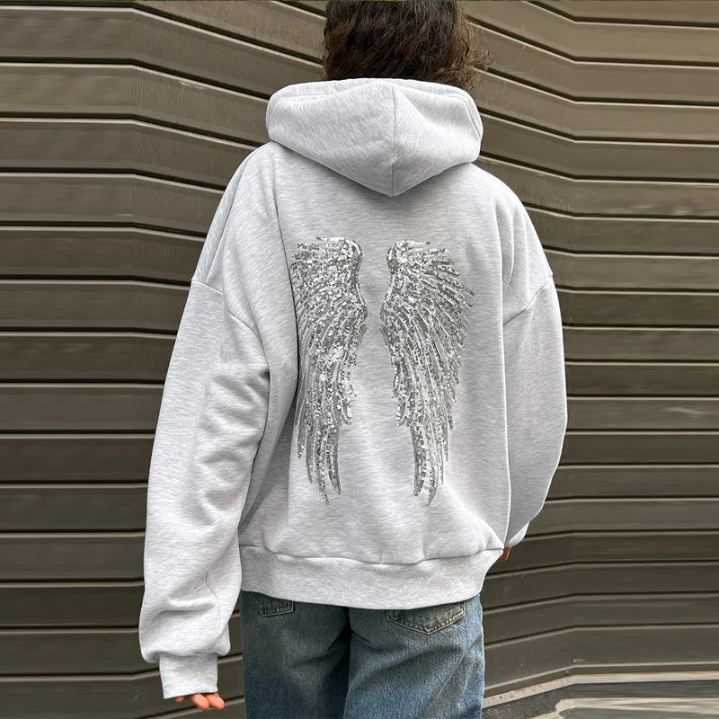 Women's Shinny Sequin Angel Wings Hooded Jacket Pant Long Sleeve Loose Casual Hooded Pullover 2025 New Lady Y2K Autumn Outwears