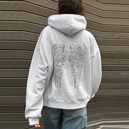 Women's Shinny Sequin Angel Wings Hooded Jacket Pant Long Sleeve Loose Casual Hooded Pullover 2025 New Lady Y2K Autumn Outwears