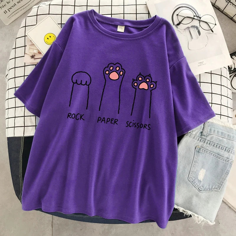 Rock Paper Scissors Funny Cat Print T Shirt Women Summer Soft Oversized Tops Fashion Casual Short Sleeve Street Cotton Tshirt