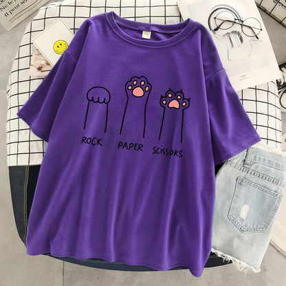 Rock Paper Scissors Funny Cat Print T Shirt Women Summer Soft Oversized Tops Fashion Casual Short Sleeve Street Cotton Tshirt