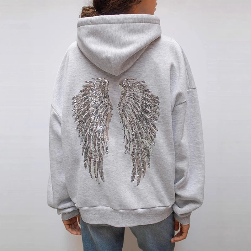 Fashion Wings Beads Sweathirts Women Oversized Hoodies Fleece Lining Sequined Casual Pullover Top Y2K Clothes Lady Outfits 2026