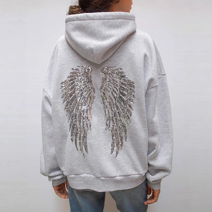 Fashion Wings Beads Sweathirts Women Oversized Hoodies Fleece Lining Sequined Casual Pullover Top Y2K Clothes Lady Outfits 2026