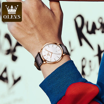 Top Brand OLEVS Ultra Thin 6.5mm Minimalist Fashion Quartz Watch for Men Leather Strap Auto Date Male Waterproof Mens Wristwatch