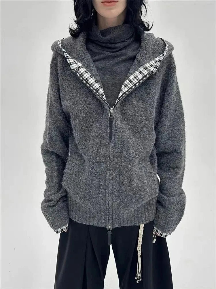 Subculture Gothic Women Coats with Hoodies Vintage Korean Harajuku Black Jackets Faux Fur Coat Female Loose Casual Sweatshirt