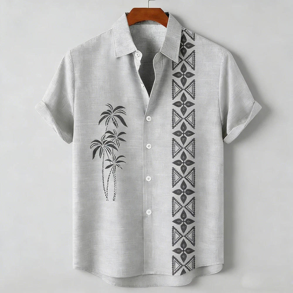 Men's new green linen short-sleeved shirt HD coconut tree pattern 3D printed shirt Hawaiian vacation outdoor social men's wear