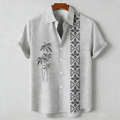 Men's new green linen short-sleeved shirt HD coconut tree pattern 3D printed shirt Hawaiian vacation outdoor social men's wear