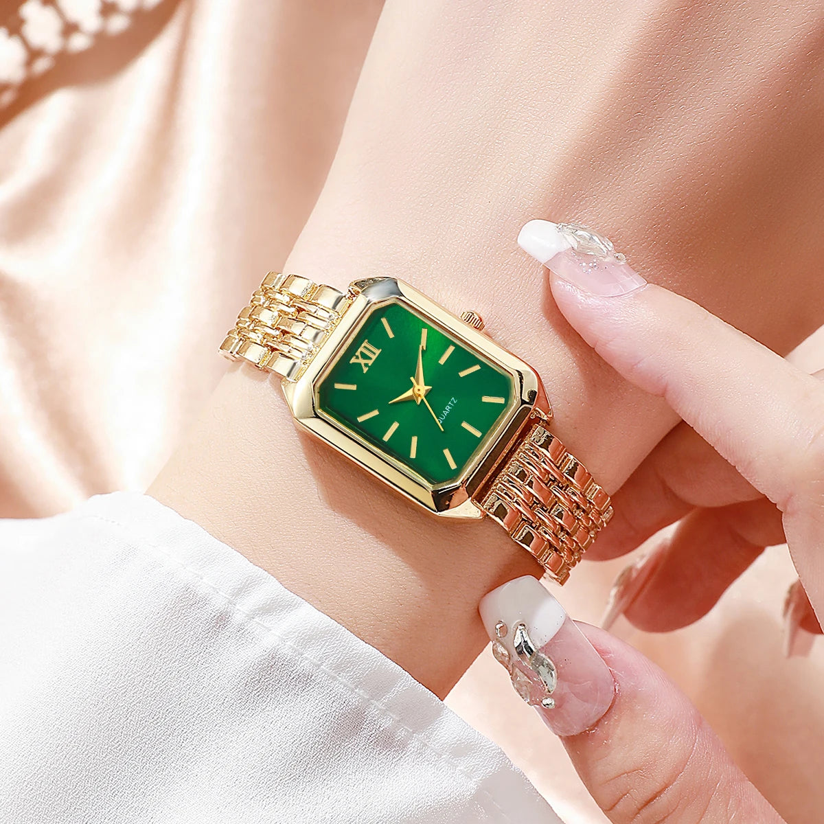 2PCS Fashion Rectangle Women Quartz Watch Rhinestone Bracelet Set Ladies Roma Dial Wristwatch Reloj Mujer Girls Clock Gift