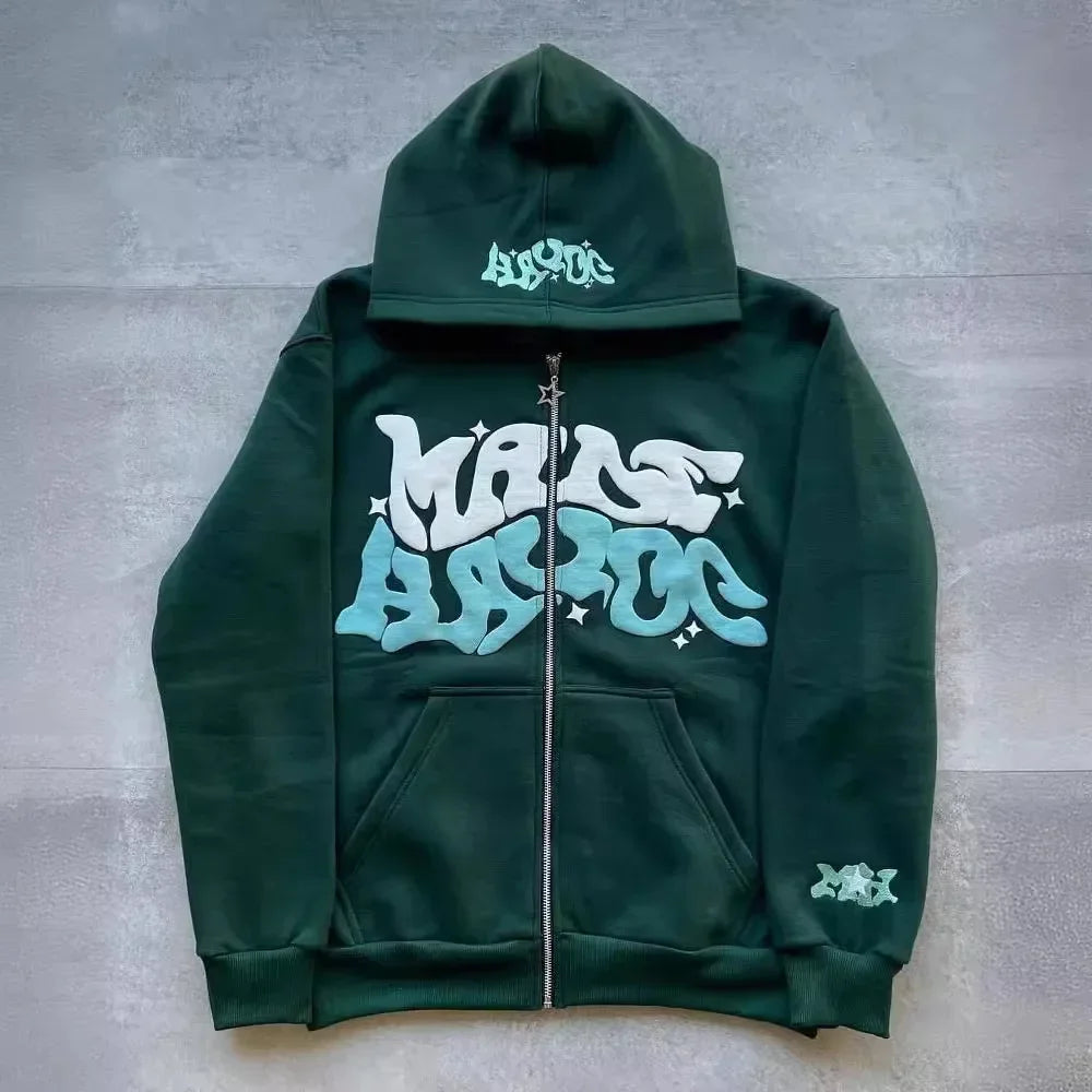 Zipper hooded sweatshirt with retro American letters suitable for men and women wearing Y2K jacket autumn/winter cardigan