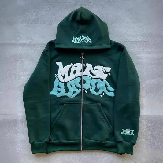 Zipper hooded sweatshirt with retro American letters suitable for men and women wearing Y2K jacket autumn/winter cardigan
