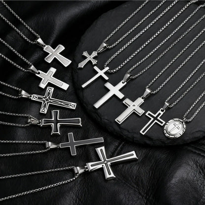 Basic Punk Cross Necklace for Men Boys,Stainless Steel Silver Color Cross Pendant Necklace,Christian Religious Jewelry Gift