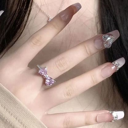 Fashion Trend Pink Crystal Bowknot Heart Rings Zircon Ring Y2K Shiny Zircon Rings for Women Girls Party Aesthetic Jewelry 2024 N