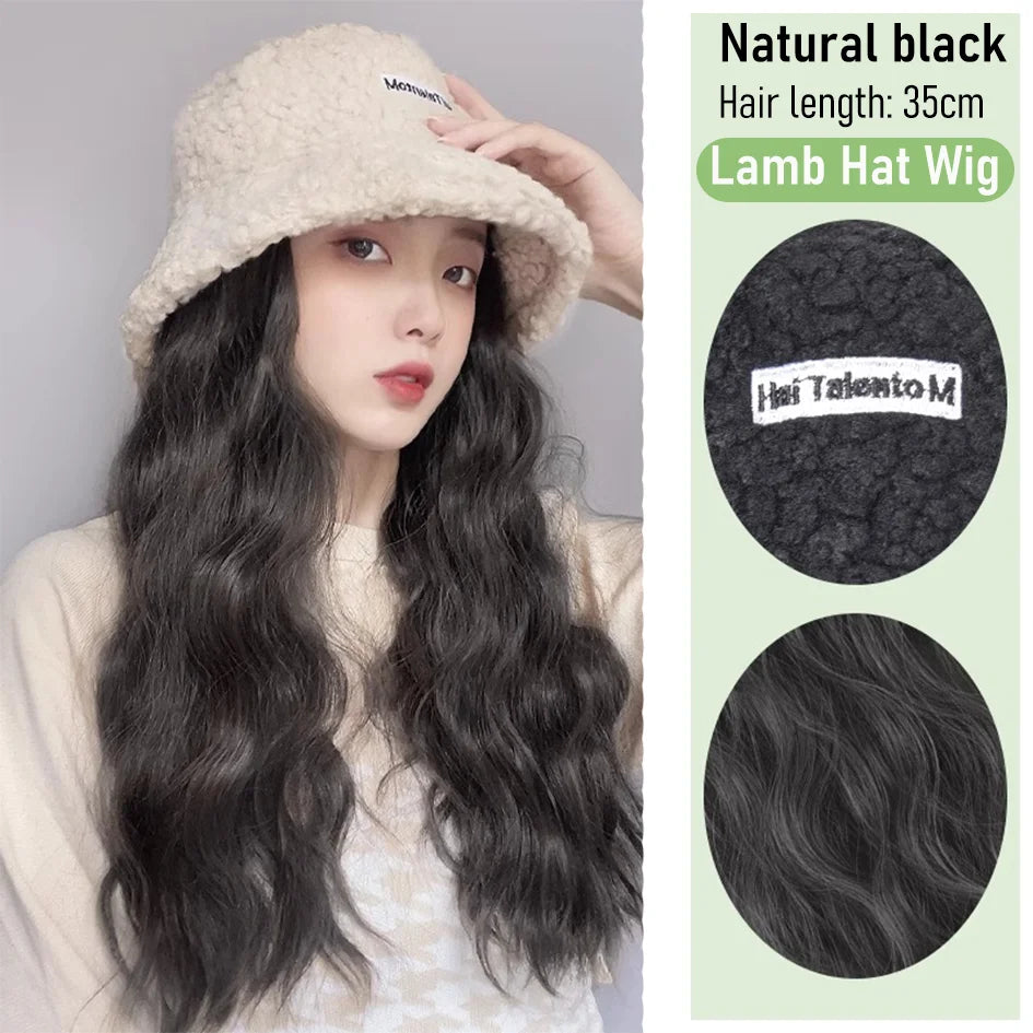 Synthetic 50cm winter cold resistant wig hat with long straight hair and long curly hair black/white hat with lambhair Christmas