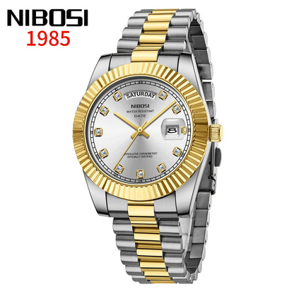 NIBOSI Mens Watches Top Brand Luxury Gold Diamonds Classic Watch Men Auto Week Date Watch Waterproof Stainless Steel Wristwatch