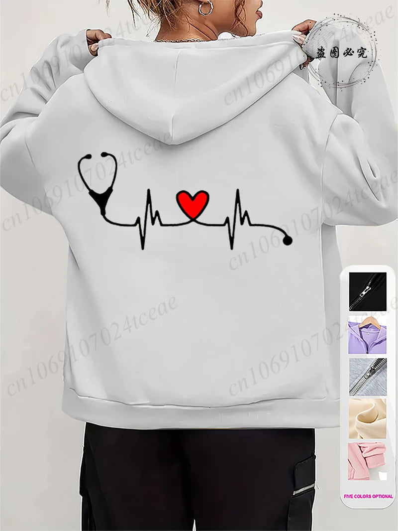 Women's Autumn Winter Hoodies Stethoscope EKG printed zipper Hooded Jackets Nursing Zipper Pocket Sweatshirt Nurse Life Outwear
