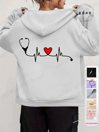 Women's Autumn Winter Hoodies Stethoscope EKG printed zipper Hooded Jackets Nursing Zipper Pocket Sweatshirt Nurse Life Outwear