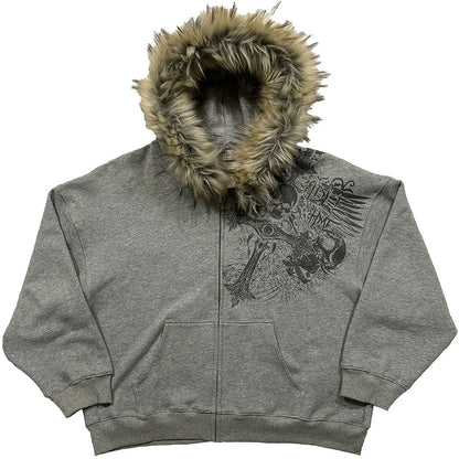 Autumn/Winter Y2k Women Aesthetic Harajuku Faux Fur Collar Hoodies Clothes Graphic Hip Hop Punk Gothic Zip Up Hoodies 2026 new