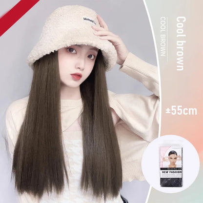 Synthetic 50cm winter cold resistant wig hat with long straight hair and long curly hair black/white hat with lambhair Christmas