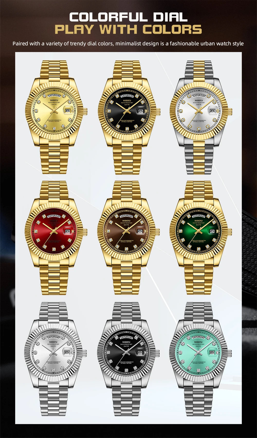 NIBOSI Mens Watches Top Brand Luxury Gold Diamonds Classic Watch Men Auto Week Date Watch Waterproof Stainless Steel Wristwatch