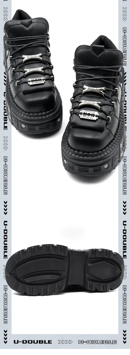 2025 New Punk Style Women Shoes Lace-up Heel Height 6CM Platform Shoes Woman Gothic Ankle Rock Boots Metal Decor Woman Sneakers