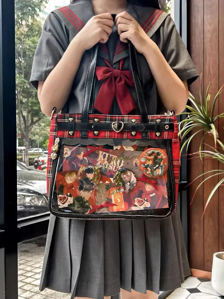 Women Fashion Checkered Pattern Retro Ita Bag Cute Girl Transparent Large Capacity Tote Bag DIY Display Handbag New Shoulder Bag