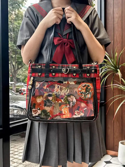 Women Fashion Checkered Pattern Retro Ita Bag Cute Girl Transparent Large Capacity Tote Bag DIY Display Handbag New Shoulder Bag