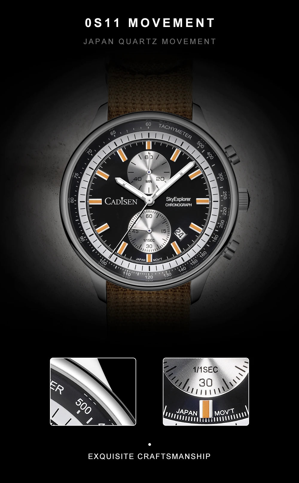 CADISEN New Mens Watches Luxury Quartz Watch For Man Chronograph Japan MIYOTA 0S11 Men Gift Luminous Waterproof Canvas Wristwatc