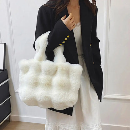 Women Plush Shoulder Bag Fluffy Handbag Large Capacity Casual Commuting Bag Furry Carrying Bag Soft Shopper Bag