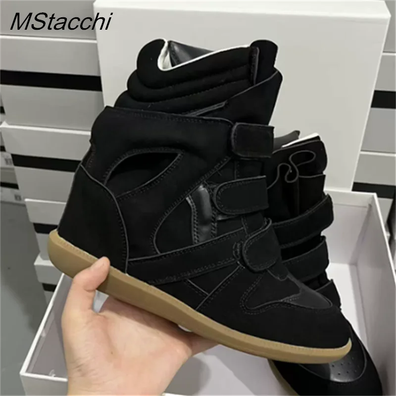 Women's High-top Shoes Suede Leather Casual Wedge Boots Flat Sneakers Hook Loop Heightening Shoes Luxury Short Botas Femininas