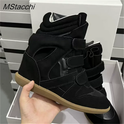 Women's High-top Shoes Suede Leather Casual Wedge Boots Flat Sneakers Hook Loop Heightening Shoes Luxury Short Botas Femininas